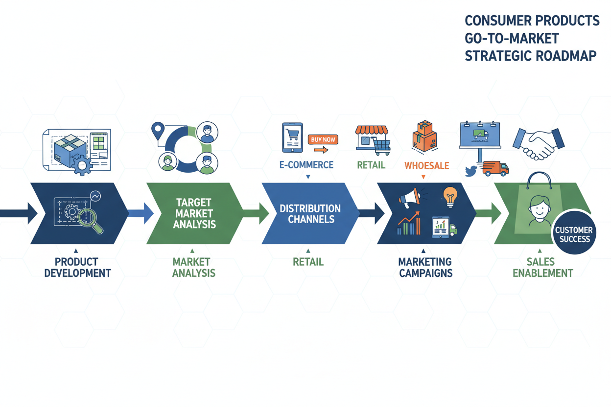 Consumer products go-to-market strategic roadmap with icons and text on a white background